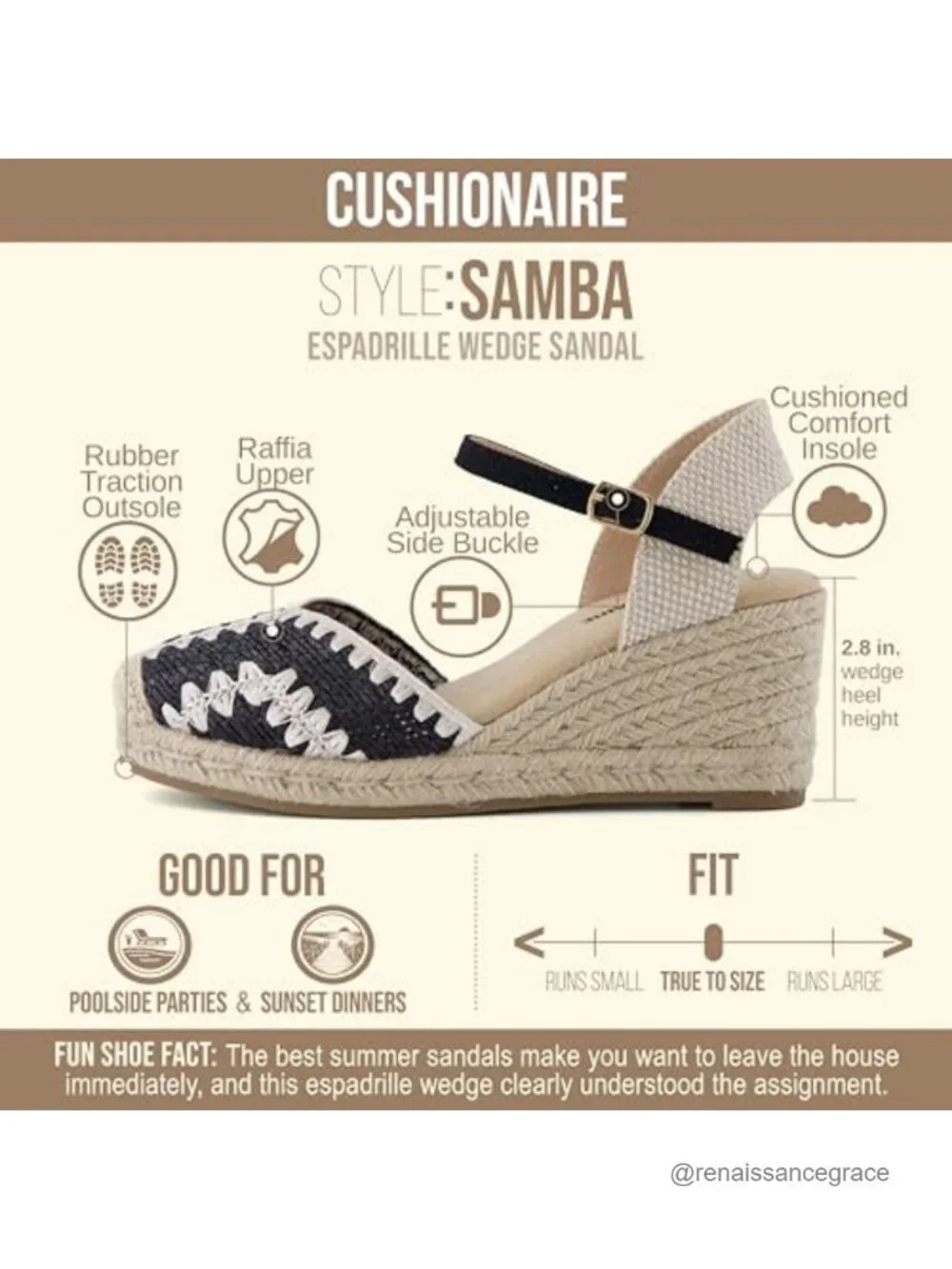 CUSHIONAIRE Samba Espadrille Wedges for Women Closed Toe Adjustable Ankle Strap
